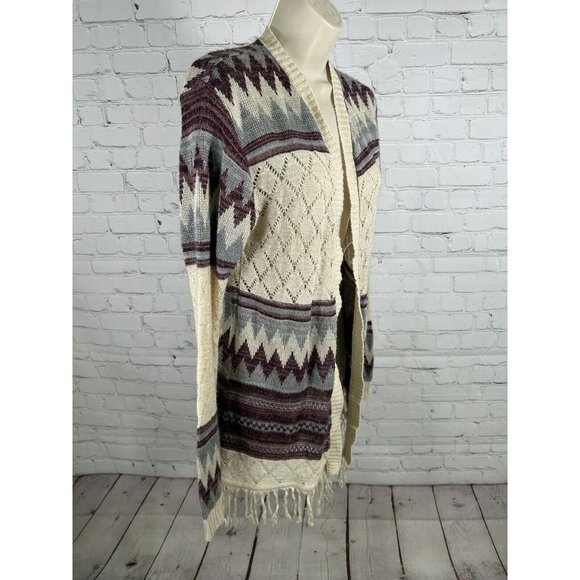 Vanity Purple Beige Semi Sheer Loose Knit Sweater Cardigan W Tassels Women’s L - Picture 2 of 15